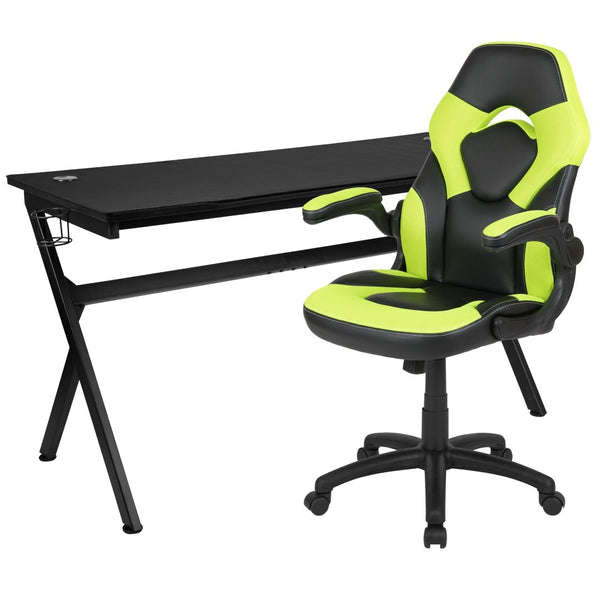 English Elm Optis Gaming Desk and Ergonomic Racing Chair Set with Cup Holder, Headphone Hook & Cable Management Green BLN-X10D1904L-GN-GG
