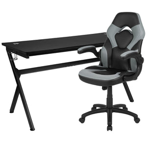 English Elm Optis Gaming Desk and Ergonomic Racing Chair Set with Cup Holder, Headphone Hook & Cable Management Gray BLN-X10D1904L-GY-GG