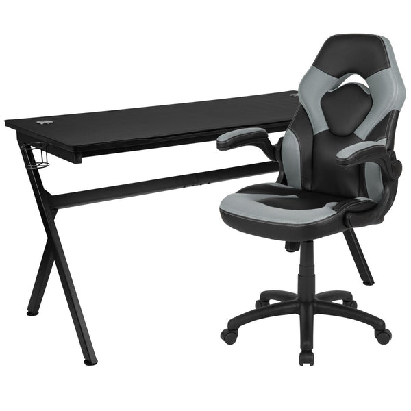 English Elm Optis Gaming Desk and Ergonomic Racing Chair Set with Cup Holder, Headphone Hook & Cable Management Gray BLN-X10D1904L-GY-GG