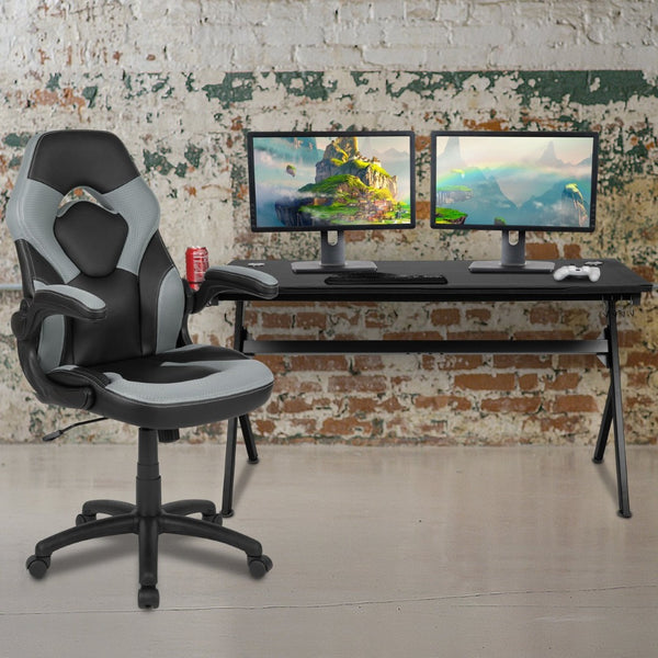 English Elm Optis Gaming Desk and Ergonomic Racing Chair Set with Cup Holder, Headphone Hook & Cable Management Gray BLN-X10D1904L-GY-GG