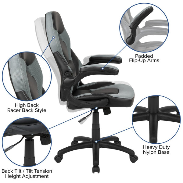 English Elm Optis Gaming Desk and Ergonomic Racing Chair Set with Cup Holder, Headphone Hook & Cable Management Gray BLN-X10D1904L-GY-GG