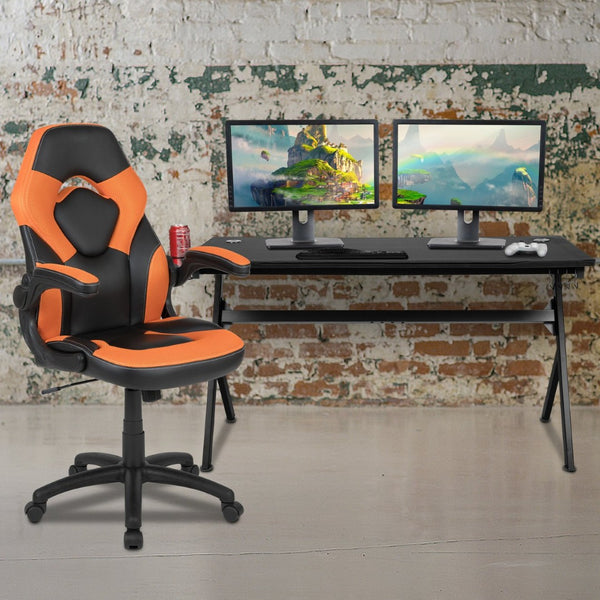 English Elm Optis Gaming Desk and Ergonomic Racing Chair Set with Cup Holder, Headphone Hook & Cable Management Orange BLN-X10D1904L-OR-GG