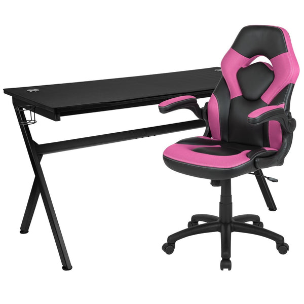 English Elm Optis Gaming Desk and Ergonomic Racing Chair Set with Cup Holder, Headphone Hook & Cable Management Pink BLN-X10D1904L-PK-GG