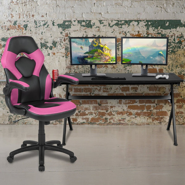 English Elm Optis Gaming Desk and Ergonomic Racing Chair Set with Cup Holder, Headphone Hook & Cable Management Pink BLN-X10D1904L-PK-GG