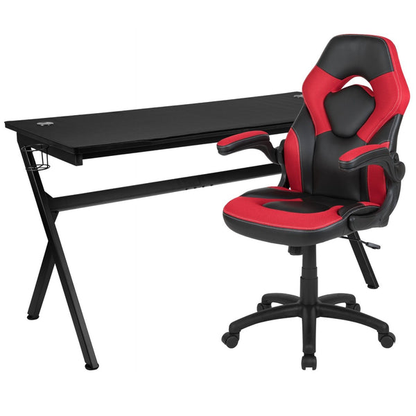 English Elm Optis Gaming Desk and Ergonomic Racing Chair Set with Cup Holder, Headphone Hook & Cable Management Red BLN-X10D1904L-RD-GG