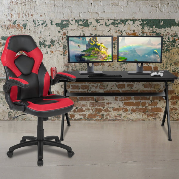 English Elm Optis Gaming Desk and Ergonomic Racing Chair Set with Cup Holder, Headphone Hook & Cable Management Red BLN-X10D1904L-RD-GG