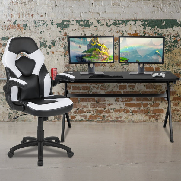 English Elm Optis Gaming Desk and Ergonomic Racing Chair Set with Cup Holder, Headphone Hook & Cable Management White BLN-X10D1904L-WH-GG