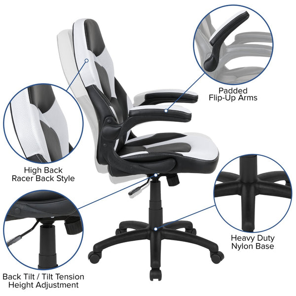 English Elm Optis Gaming Desk and Ergonomic Racing Chair Set with Cup Holder, Headphone Hook & Cable Management White BLN-X10D1904L-WH-GG