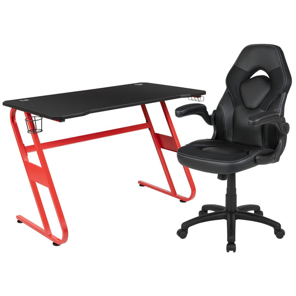 English Elm Optis Gaming Desk and Ergonomic Racing Chair Set with Cup Holder, Headset Hook, and Comfort Features Black BLN-X10RSG1030-BK-GG