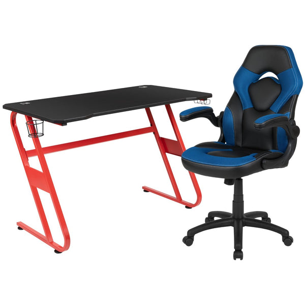 English Elm Optis Gaming Desk and Ergonomic Racing Chair Set with Cup Holder, Headset Hook, and Comfort Features Blue BLN-X10RSG1030-BL-GG
