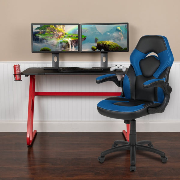 English Elm Optis Gaming Desk and Ergonomic Racing Chair Set with Cup Holder, Headset Hook, and Comfort Features Blue BLN-X10RSG1030-BL-GG