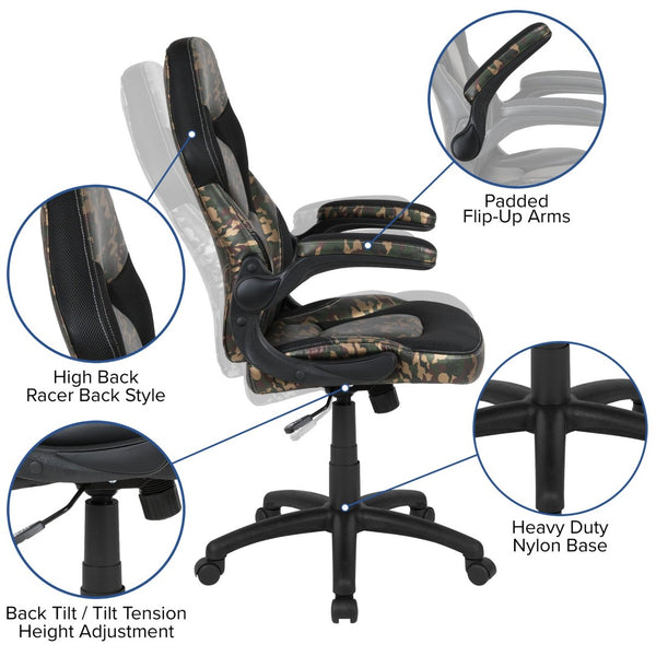 English Elm Optis Gaming Desk and Ergonomic Racing Chair Set with Cup Holder, Headset Hook, and Comfort Features Camouflage BLN-X10RSG1030-CAM-GG