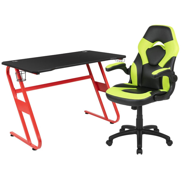 English Elm Optis Gaming Desk and Ergonomic Racing Chair Set with Cup Holder, Headset Hook, and Comfort Features Green BLN-X10RSG1030-GN-GG