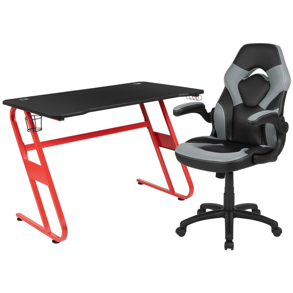 English Elm Optis Gaming Desk and Ergonomic Racing Chair Set with Cup Holder, Headset Hook, and Comfort Features Gray BLN-X10RSG1030-GY-GG