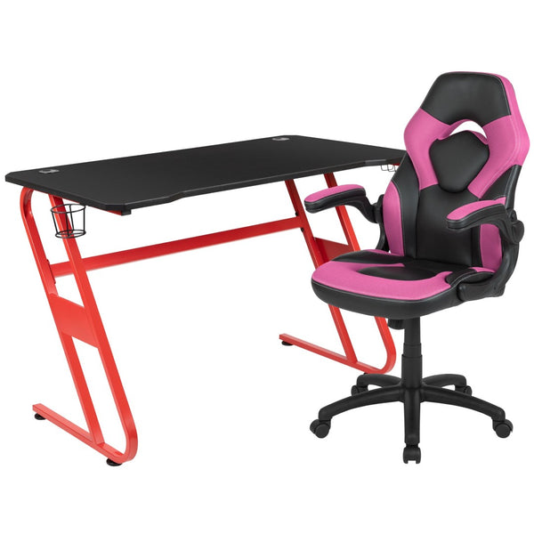 English Elm Optis Gaming Desk and Ergonomic Racing Chair Set with Cup Holder, Headset Hook, and Comfort Features Pink BLN-X10RSG1030-PK-GG