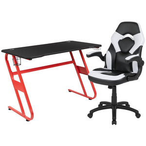 English Elm Optis Gaming Desk and Ergonomic Racing Chair Set with Cup Holder, Headset Hook, and Comfort Features White BLN-X10RSG1030-WH-GG