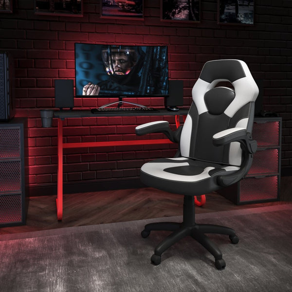 English Elm Optis Gaming Desk and Ergonomic Racing Chair Set with Cup Holder, Headset Hook, and Comfort Features White BLN-X10RSG1030-WH-GG