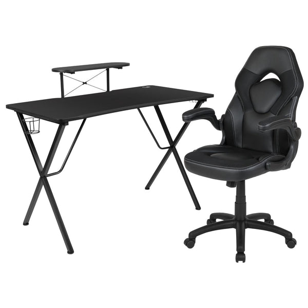 English Elm Optis Gaming Desk and Racing Chair Set with Monitor Stand, Cup Holder, and Ergonomic Design Black BLN-X10RSG1031-BK-GG