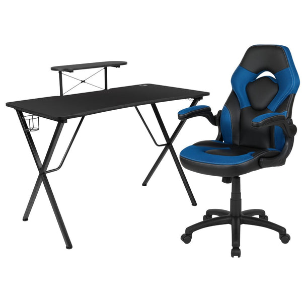 English Elm Optis Gaming Desk and Racing Chair Set with Monitor Stand, Cup Holder, and Ergonomic Design Blue BLN-X10RSG1031-BL-GG