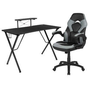English Elm Optis Gaming Desk and Racing Chair Set with Monitor Stand, Cup Holder, and Ergonomic Design Gray BLN-X10RSG1031-GY-GG