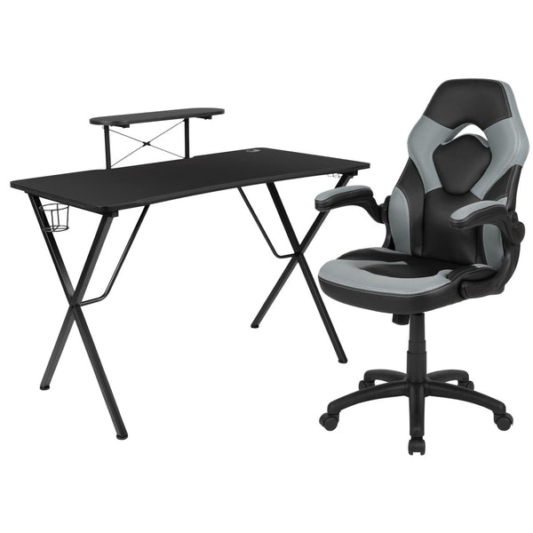 English Elm Optis Gaming Desk and Racing Chair Set with Monitor Stand, Cup Holder, and Ergonomic Design Gray BLN-X10RSG1031-GY-GG