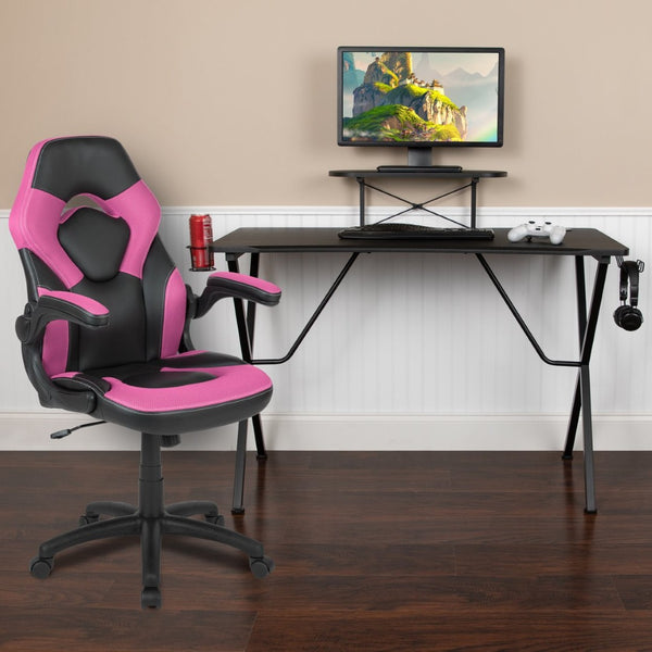 English Elm Optis Gaming Desk and Racing Chair Set with Monitor Stand, Cup Holder, and Ergonomic Design Pink BLN-X10RSG1031-PK-GG