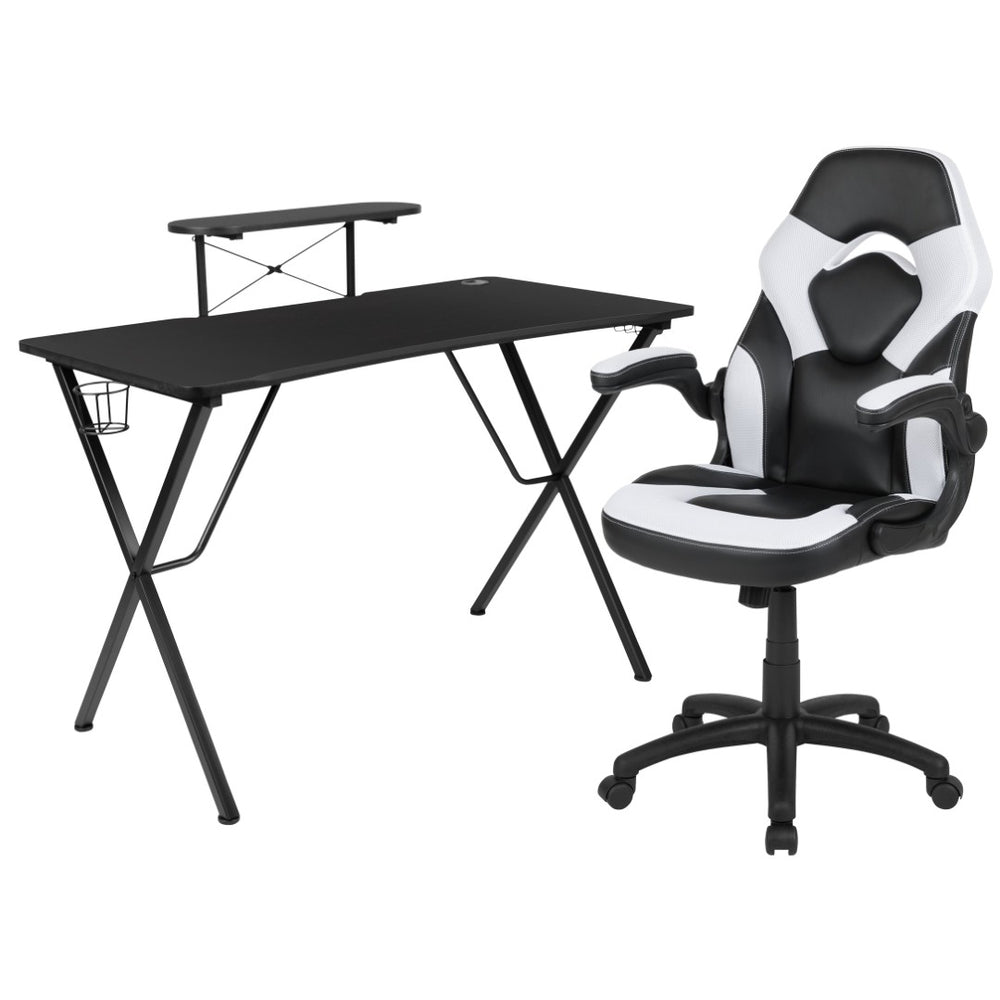 English Elm Optis Gaming Desk and Racing Chair Set with Monitor Stand, Cup Holder, and Ergonomic Design White BLN-X10RSG1031-WH-GG