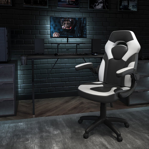 English Elm Optis Gaming Desk and Racing Chair Set with Monitor Stand, Cup Holder, and Ergonomic Design White BLN-X10RSG1031-WH-GG