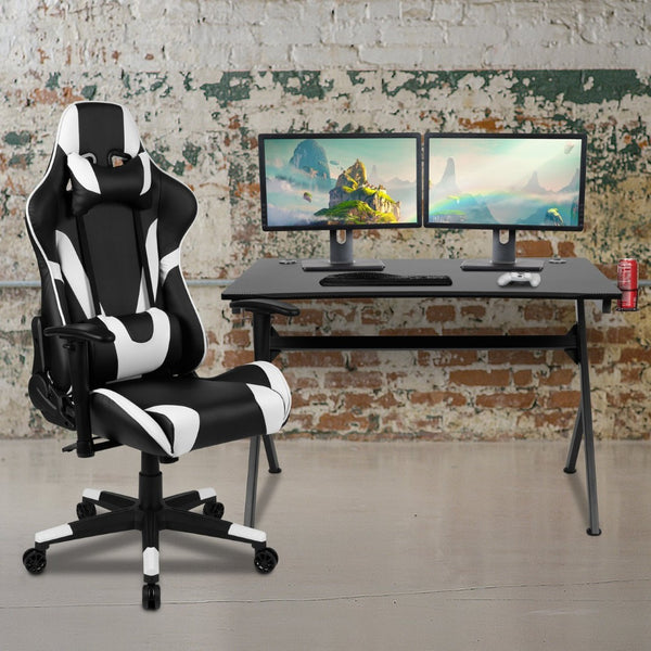 English Elm Optis Gaming Desk and Reclining Chair Set with Cup Holder, Headphone Hook & Cable Management System Black BLN-X20D1904-BK-GG