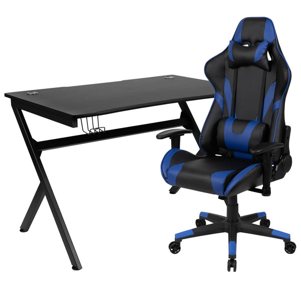 English Elm Optis Gaming Desk and Reclining Chair Set with Cup Holder, Headphone Hook & Cable Management System Blue BLN-X20D1904-BL-GG