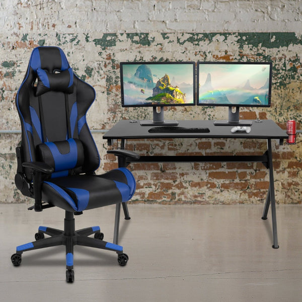 English Elm Optis Gaming Desk and Reclining Chair Set with Cup Holder, Headphone Hook & Cable Management System Blue BLN-X20D1904-BL-GG