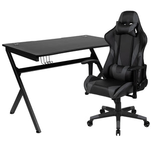 English Elm Optis Gaming Desk and Reclining Chair Set with Cup Holder, Headphone Hook & Cable Management System Gray BLN-X20D1904-GY-GG