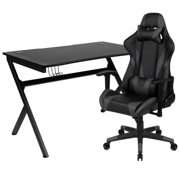 English Elm Optis Gaming Desk and Reclining Chair Set with Cup Holder, Headphone Hook & Cable Management System Gray BLN-X20D1904-GY-GG