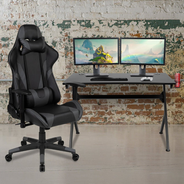 English Elm Optis Gaming Desk and Reclining Chair Set with Cup Holder, Headphone Hook & Cable Management System Gray BLN-X20D1904-GY-GG