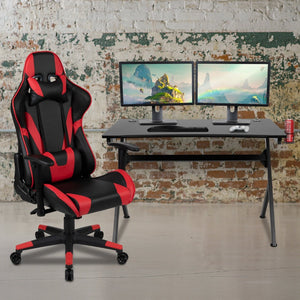 English Elm Optis Gaming Desk and Reclining Chair Set with Cup Holder, Headphone Hook & Cable Management System Red BLN-X20D1904-RD-GG