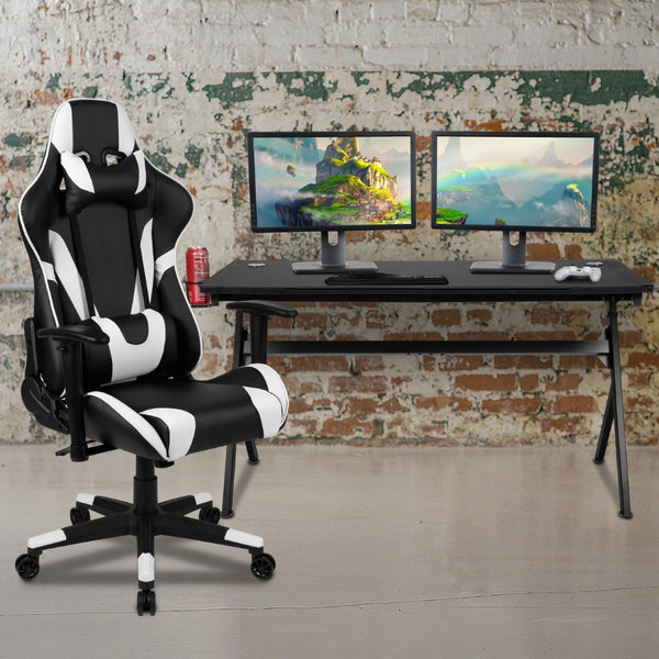 English Elm Optis Gaming Desk and Ergonomic Racing Chair Set with Cup Holder, Headphone Hook, and Mouse Pad Black BLN-X20D1904L-BK-GG