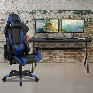 English Elm Optis Gaming Desk and Ergonomic Racing Chair Set with Cup Holder, Headphone Hook, and Mouse Pad Blue BLN-X20D1904L-BL-GG