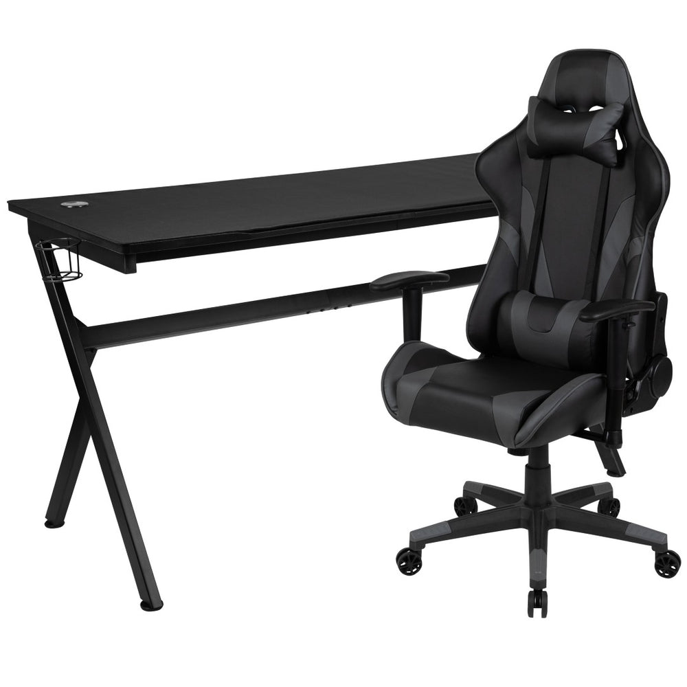 English Elm Optis Gaming Desk and Ergonomic Racing Chair Set with Cup Holder, Headphone Hook, and Mouse Pad Gray BLN-X20D1904L-GY-GG