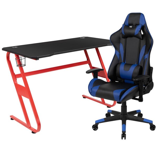 English Elm Optis Gaming Desk and Reclining Chair Set with Ergonomic Design, Cup Holder, and Headphone Hook Blue BLN-X20RSG1030-BL-GG