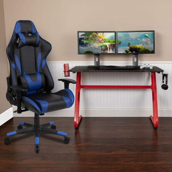 English Elm Optis Gaming Desk and Reclining Chair Set with Ergonomic Design, Cup Holder, and Headphone Hook Blue BLN-X20RSG1030-BL-GG