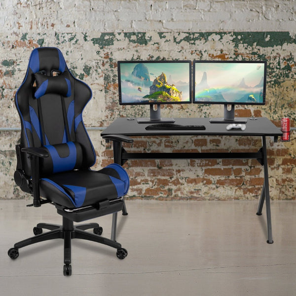 English Elm Optis Gaming Desk and Ergonomic Reclining Chair Set with Accessories for Ultimate Comfort & Style Blue BLN-X30D1904-BL-GG