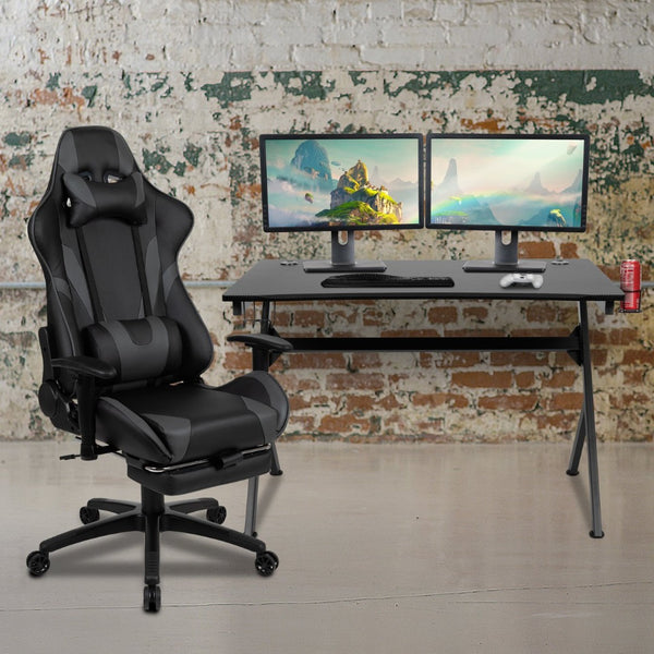 English Elm Optis Gaming Desk and Ergonomic Reclining Chair Set with Accessories for Ultimate Comfort & Style Gray BLN-X30D1904-GY-GG