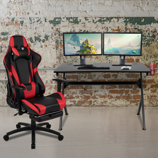 English Elm Optis Gaming Desk and Ergonomic Reclining Chair Set with Accessories for Ultimate Comfort & Style Red BLN-X30D1904-RD-GG