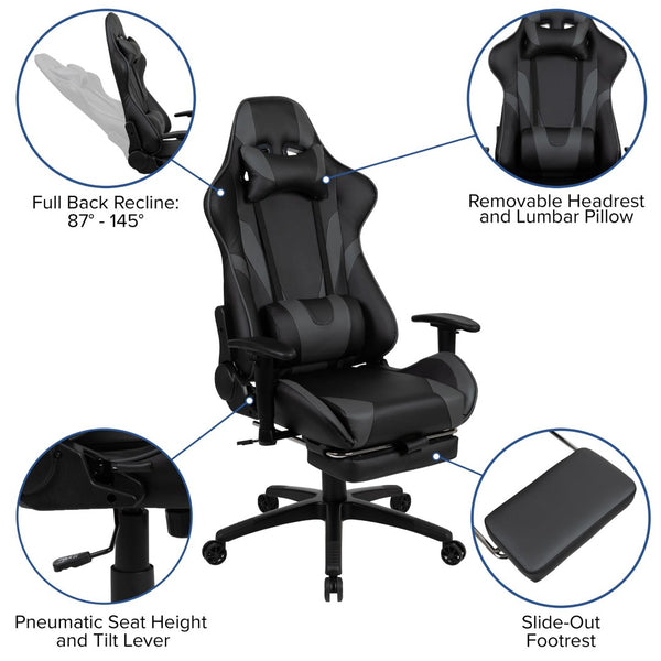 English Elm Optis Gaming Desk and Ergonomic Reclining Chair Set with Footrest, Cup Holder, and Cable Management Gray BLN-X30D1904L-GY-GG