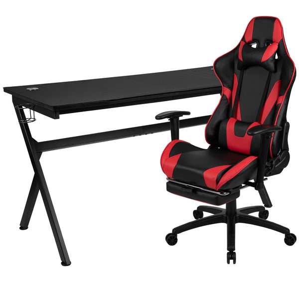 English Elm Optis Gaming Desk and Ergonomic Reclining Chair Set with Footrest, Cup Holder, and Cable Management Red BLN-X30D1904L-RD-GG