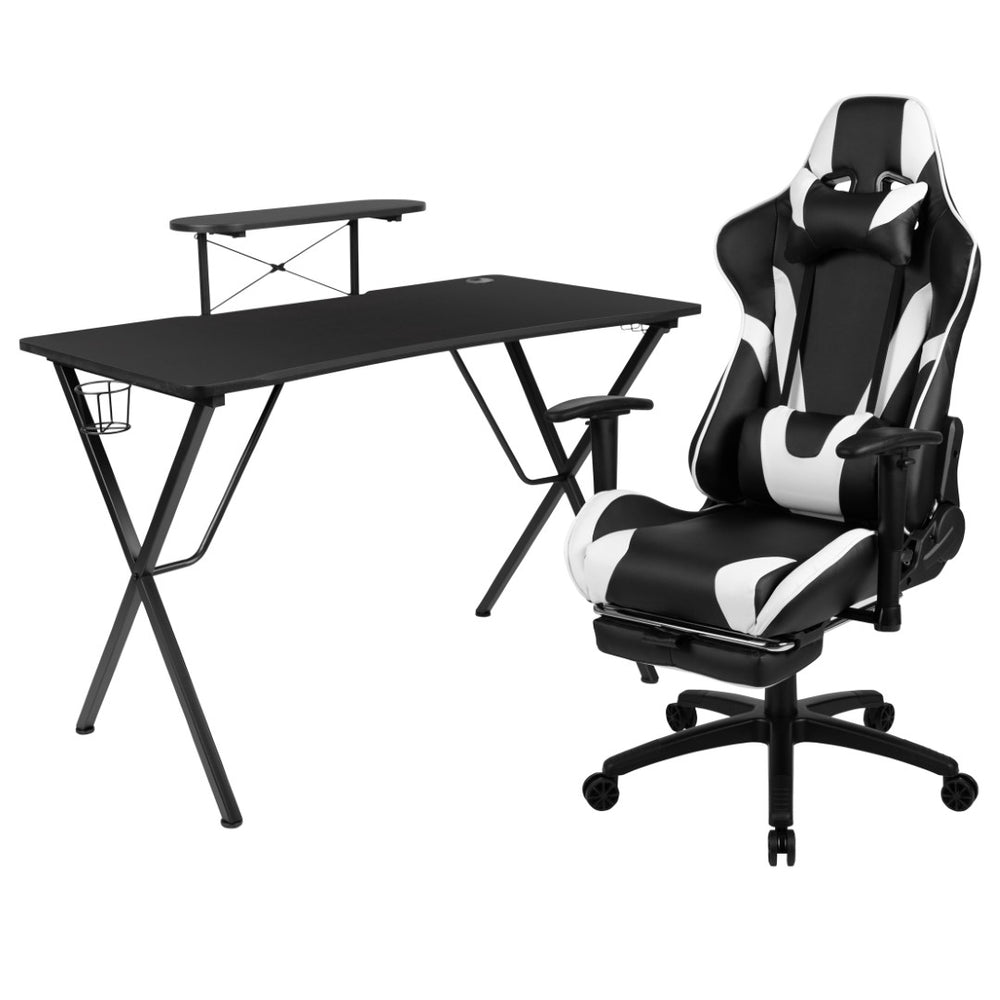 English Elm Optis Gaming Desk and Chair Bundle with Footrest, Cup Holder, Headphone Hook for Ultimate Comfort Black BLN-X30RSG1031-BK-GG