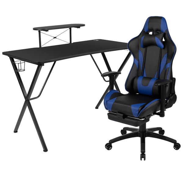 English Elm Optis Gaming Desk and Chair Bundle with Footrest, Cup Holder, Headphone Hook for Ultimate Comfort Blue BLN-X30RSG1031-BL-GG