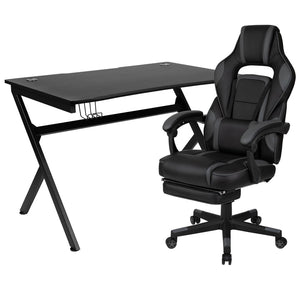 English Elm Optis Ultimate Gaming Desk and Reclining Chair Set with Massage Support, Footrest, and Accessories Black BLN-X40D1904-BK-GG