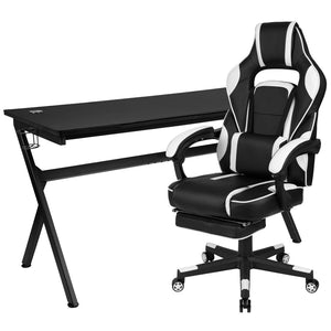 English Elm Optis Gaming Desk and Reclining Chair Set with Footrest, Massage Support, and Cable Management System White BLN-X40D1904L-WH-GG