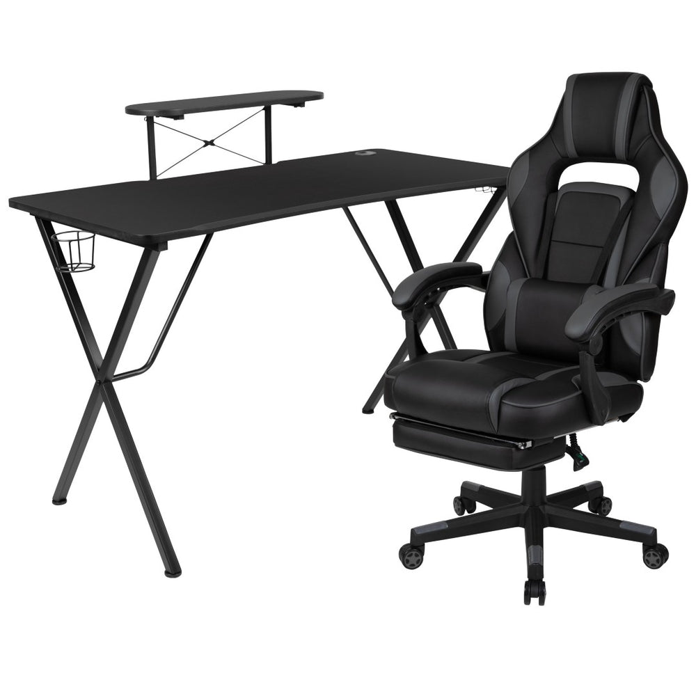 English Elm Optis Gaming Desk and Reclining Ergonomic Chair Set with Monitor Stand, Footrest, and Massage Support Black BLN-X40RSG1031-BK-GG